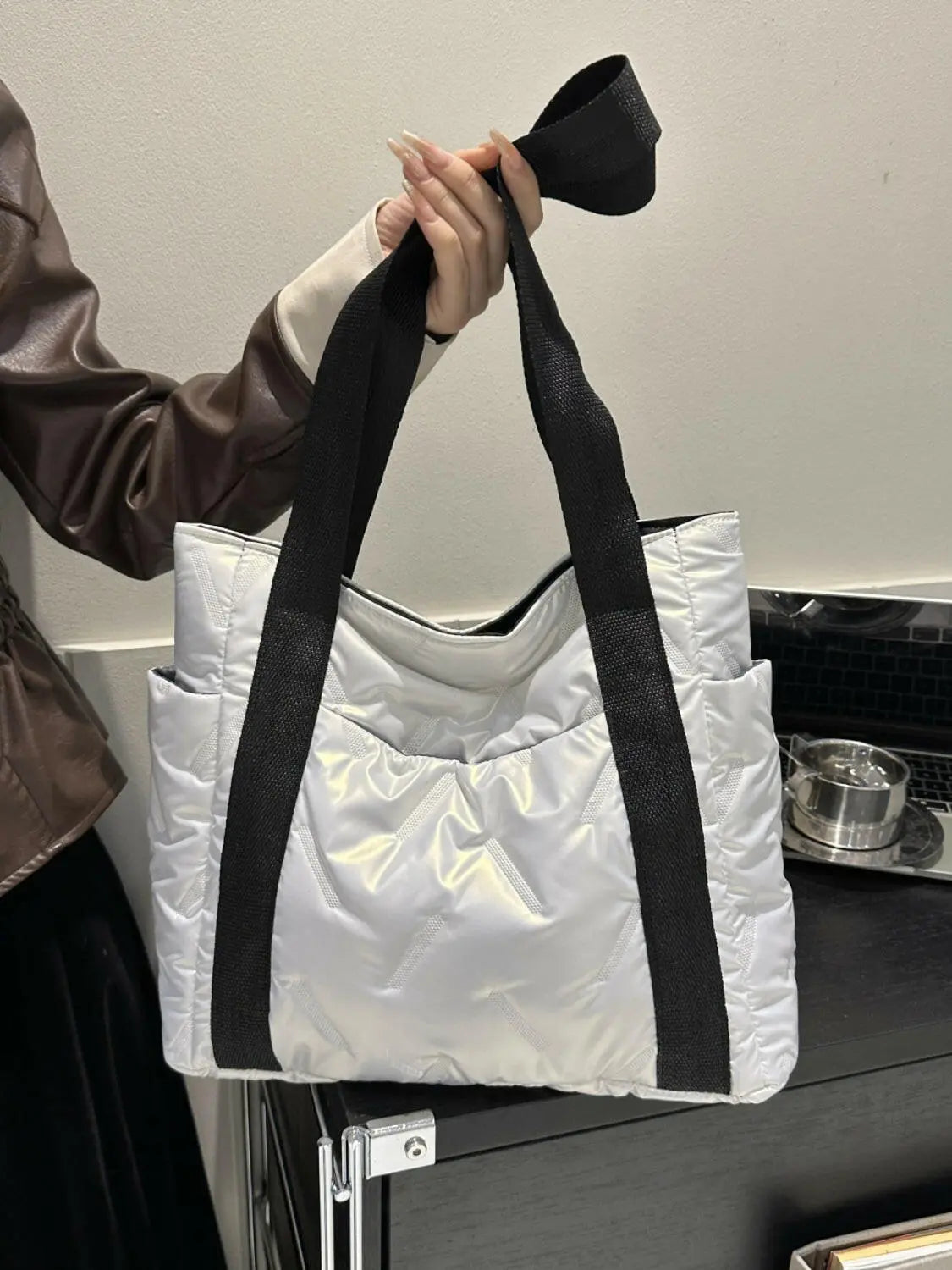Solid Color Tote Bag with Side Pockets.