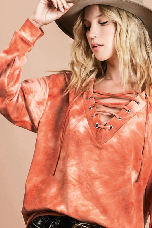 BiBi Lace-Up Tie-Dye French Terry Long Sleeve Top - Premium Women / Jeans & Denim from Trendsi - Just $41.22! Shop now at Handbags Specialist Headquarter