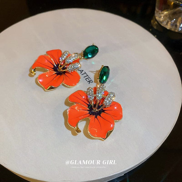 Minar Exquisite Orange Color Enamel Flowers Earring for Women Spark Rhinestone Floral Hanging Drop Earrings Party Daily Jewelry - Premium earring from eprolo - Just $19.99! Shop now at Handbags Specialist Headquarter