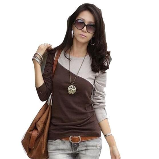 Autumn Spring Cotton Blend Women Round Neck Color Block Long Sleeve Long Sleeve T-Shirts - Premium Women's T Shirt from eprolo - Just $17.98! Shop now at Handbags Specialist Headquarter