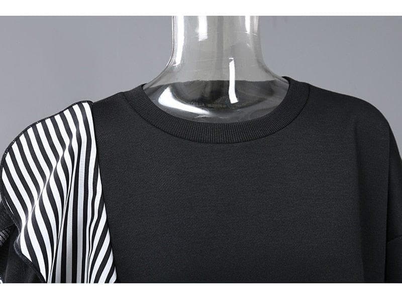 Women Black Striped Ruffles Big Size Long T-shirt New Round Neck Short - Premium Women's T Shirt from eprolo - Just $52.72! Shop now at Handbags Specialist Headquarter