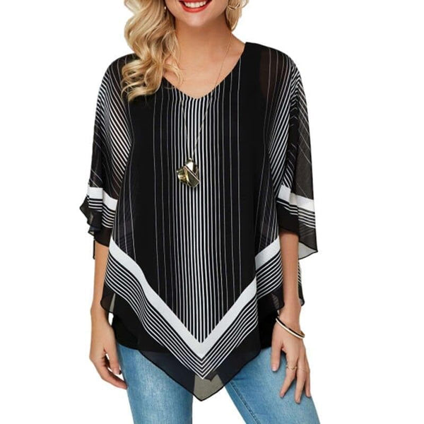 Summer New Women Chiffon Blouses V-Neck Collar Leisure Striped Blouse Shirt Casual Tops Plus Size Beach Smock S-5XL - Premium Women's T Shirt from eprolo - Just $22.04! Shop now at Handbags Specialist Headquarter