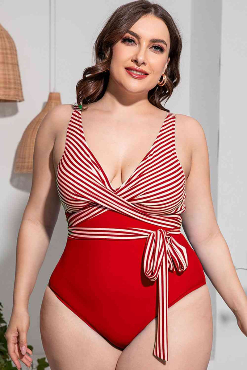 Plus Size Striped Tie-Waist One-Piece Swimsuit - Premium Dresses from Trendsi - Just $29! Shop now at Handbags Specialist Headquarter