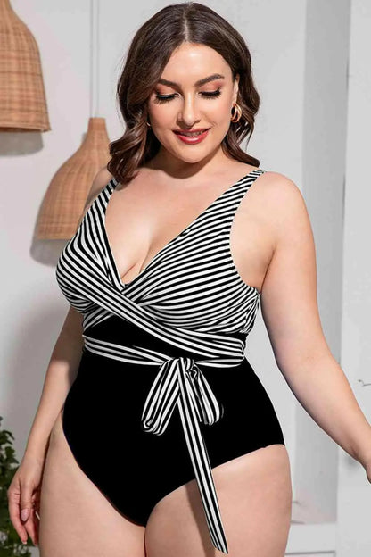 Plus Size Striped Tie-Waist One-Piece Swimsuit.