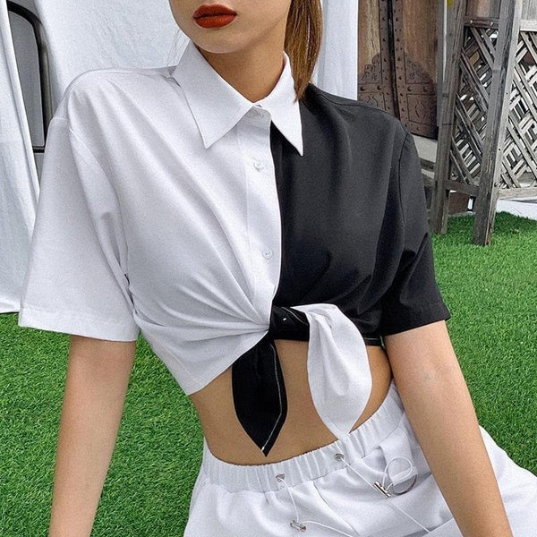 Black White Patchwork T Shirt Women Tops 2021 Spring New Casual Street Short Sleeves Lapel Simple Tees Femme Outfits - Premium Women's T Shirt from eprolo - Just $22.56! Shop now at Handbags Specialist Headquarter