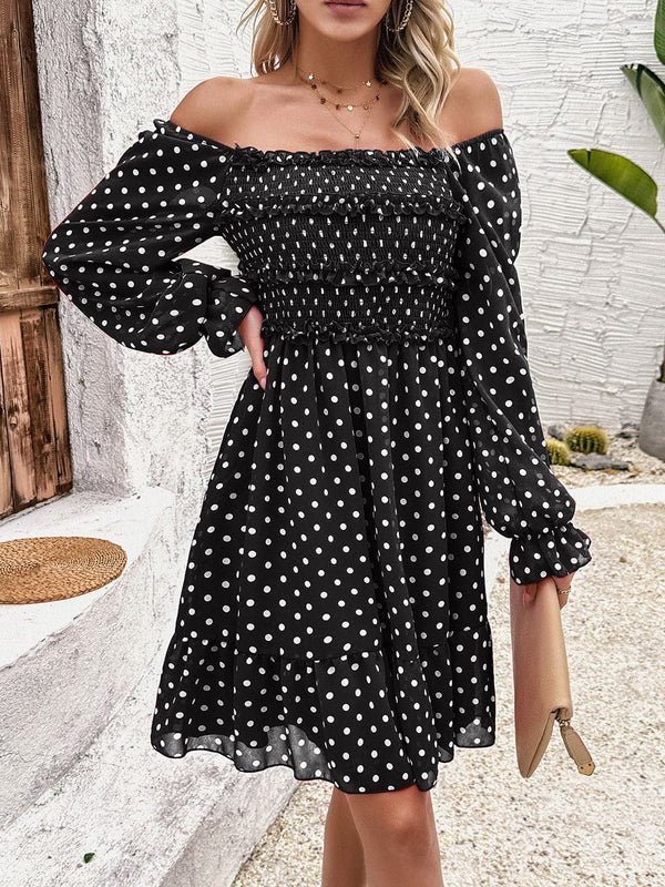 Smocked Polka Dot Long Sleeve Dress - Premium Dresses from Trendsi - Just $37! Shop now at Handbags Specialist Headquarter