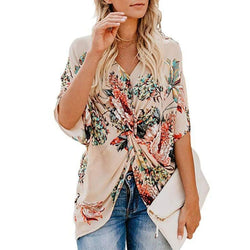 Fashion Concise Bohemia Style Women's Floral Printed V Neck Ruched Twist Tops Short Sleeve Loose Casual Vacation Shirts - Premium Women's T Shirt from eprolo - Just $24.36! Shop now at Handbags Specialist Headquarter