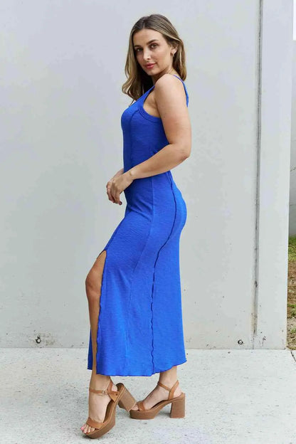 Culture Code Look At Me Full Size Notch Neck Maxi Dress with Slit in Cobalt Blue.