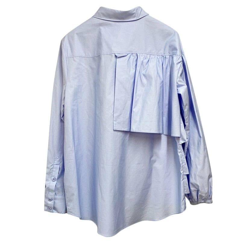 Women Blue Irregular Pleated Big Size Blouse New Lapel Long Sleeve Loose Fit Shirt - Premium Women's T Shirt from eprolo - Just $37.99! Shop now at Handbags Specialist Headquarter
