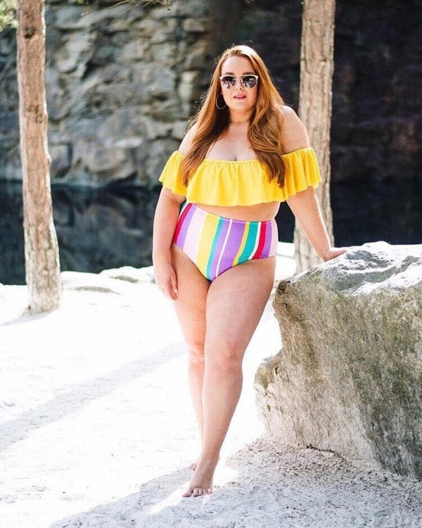 Plus Size Swimwear Women Rainbow Stripes Ruffles Bikini Set Oversize Push Up Padded Swimsuit - Premium Women Swimsuits from eprolo - Just $24.99! Shop now at Handbags Specialist Headquarter
