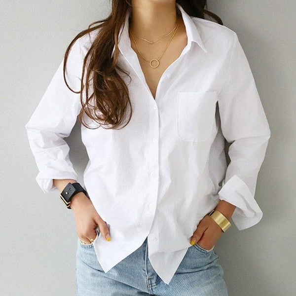 Spring One Pocket Women's Shirt Feminine Blouse Top Long Sleeve Casual White Turn-down Collar OL Style Women Loose Blouses - Premium Women's T Shirt from eprolo - Just $29.99! Shop now at Handbags Specialist Headquarter