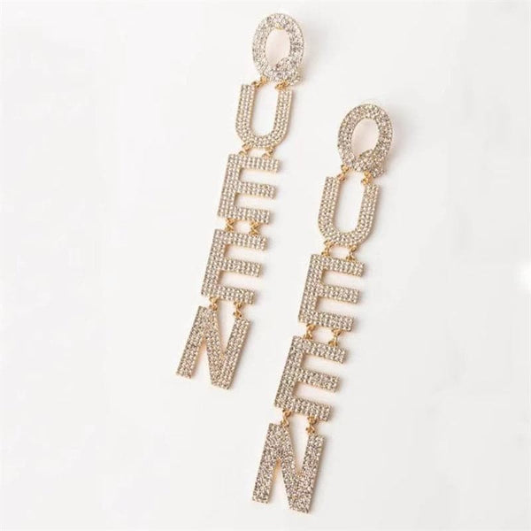 Übertriebene Königin Strass Ohrringe für Frauen Mode lange Buchstaben Anhänger Ohrring Mode glänzend Party Modeschmuck 