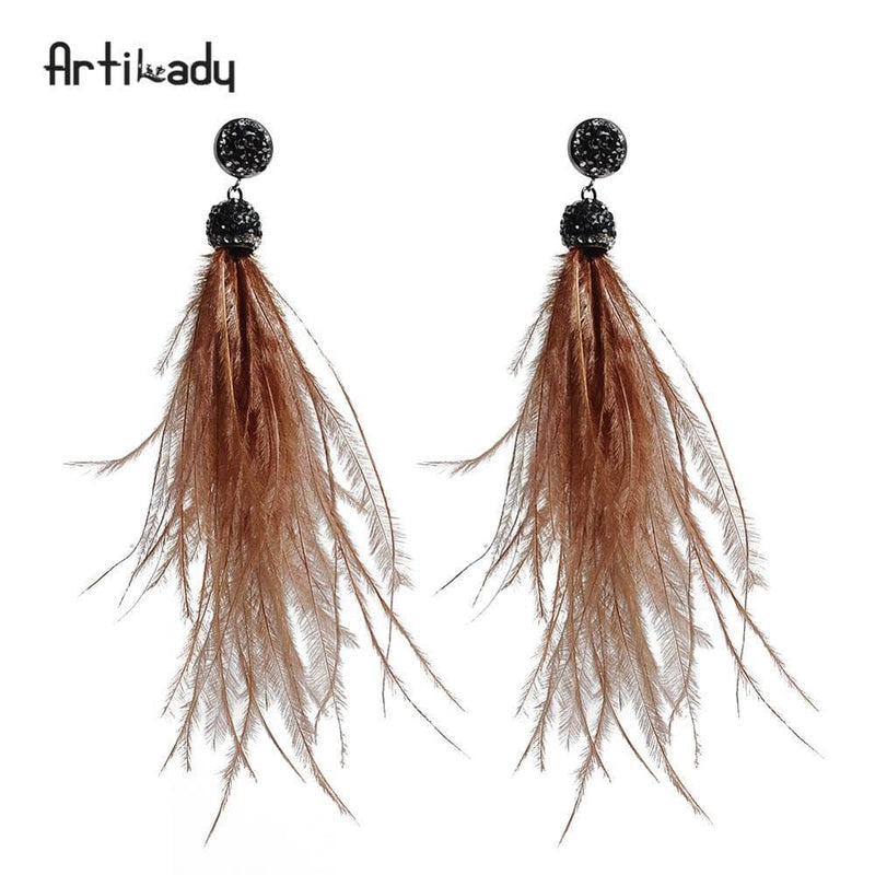 Artilady bohemian dangle earrings indian ostrich feather tassel drop earring