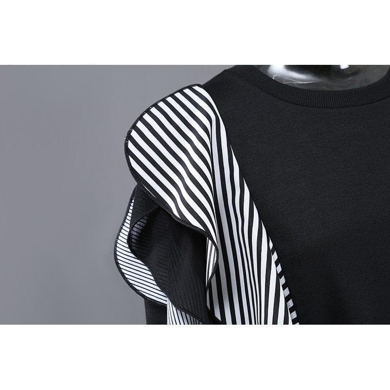 Women Black Striped Ruffles Big Size Long T-shirt New Round Neck Short - Premium Women's T Shirt from eprolo - Just $52.72! Shop now at Handbags Specialist Headquarter