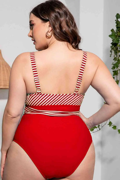 Plus Size Striped Tie-Waist One-Piece Swimsuit.