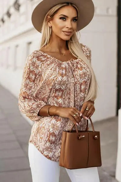 Printed Boat Neck Balloon Sleeve Blouse.