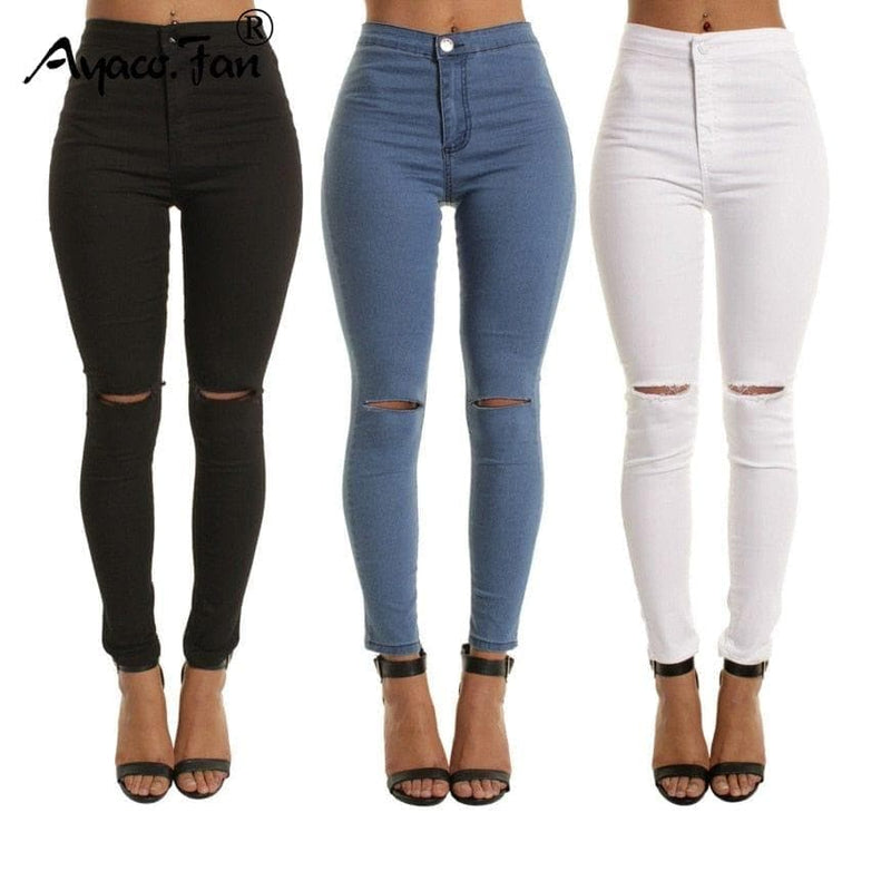 Autumn White Hole Skinny Ripped Jeans Women Jeggings Cool Denim High Waist Pants Capris Female Skinny Black Casual Jeans - Premium Women jeans from eprolo - Just $24.22! Shop now at Handbags Specialist Headquarter