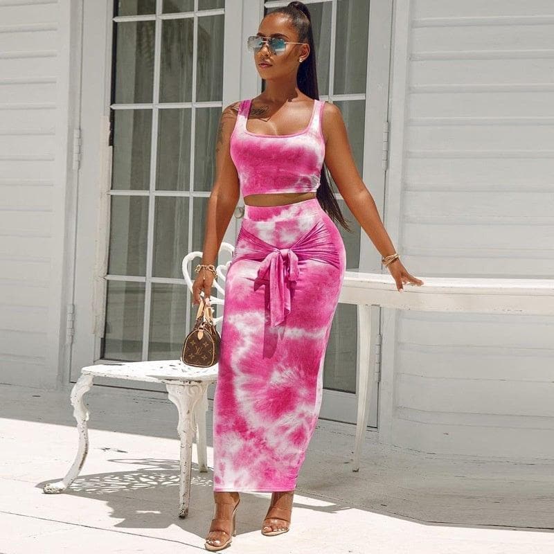 New Design Women Sexy 2 Piece Outfits Sleeveless Tie Dye Print Tank Crop Top Bodycon Skirts Dress Set - Premium  from Alibaba - Just $69.20! Shop now at Handbags Specialist Headquarter