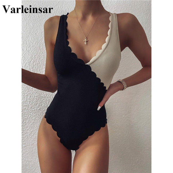 2020 Scalloped Black Beige Splicing High Cut One Piece Swimsuit Women Swimwear Female Ribbed Bather Bathing Suit Swim Lady V2425 - Premium Women swimsuit from eprolo - Just $23.00! Shop now at Handbags Specialist Headquarter