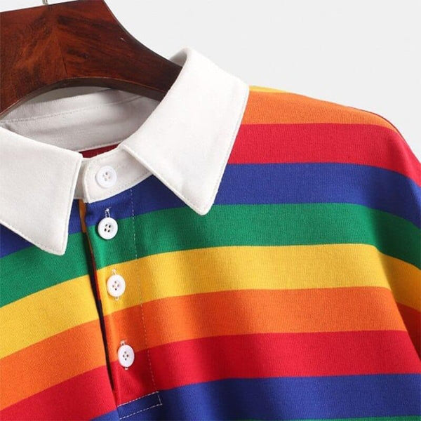 2021 Polo Shirt Women Sweatshirt Long Sleeve Rainbow Color Ladies Hoodies With Button Striped Korean Style Sweatshirt Women - Premium Women's T Shirt from eprolo - Just $23.64! Shop now at Handbags Specialist Headquarter