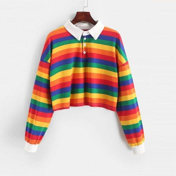 2021 Polo Shirt Women Sweatshirt Long Sleeve Rainbow Color Ladies Hoodies With Button Striped Korean Style Sweatshirt Women - Premium Women's T Shirt from eprolo - Just $23.64! Shop now at Handbags Specialist Headquarter