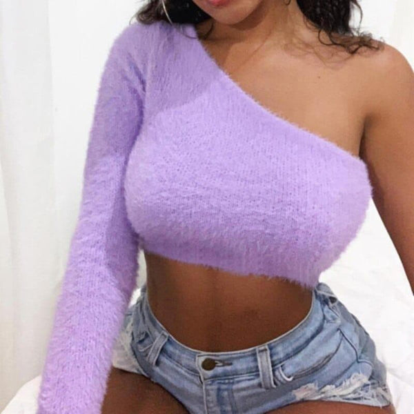 2021 Sexy One Shoulder Tops For Women Asymmetrical T Shirt Women Purple Womens Tshirts Casual Long Sleeve Crop Top - Premium Women's T Shirt from eprolo - Just $15.62! Shop now at Handbags Specialist Headquarter
