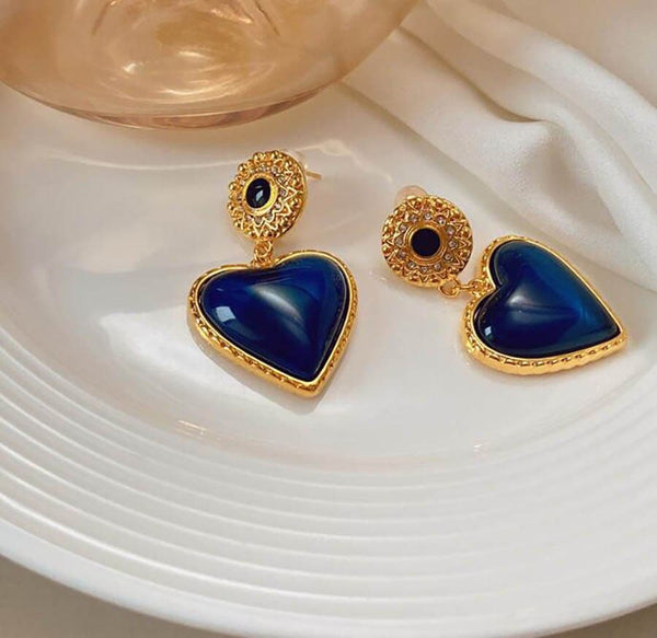 French Retro Medieval Blue Heart Earrings Female Copper Plated Real Gold Heart Earrings 925 Silver Needle High Quality - Premium Earrings from eprolo - Just $17.02! Shop now at Handbags Specialist Headquarter