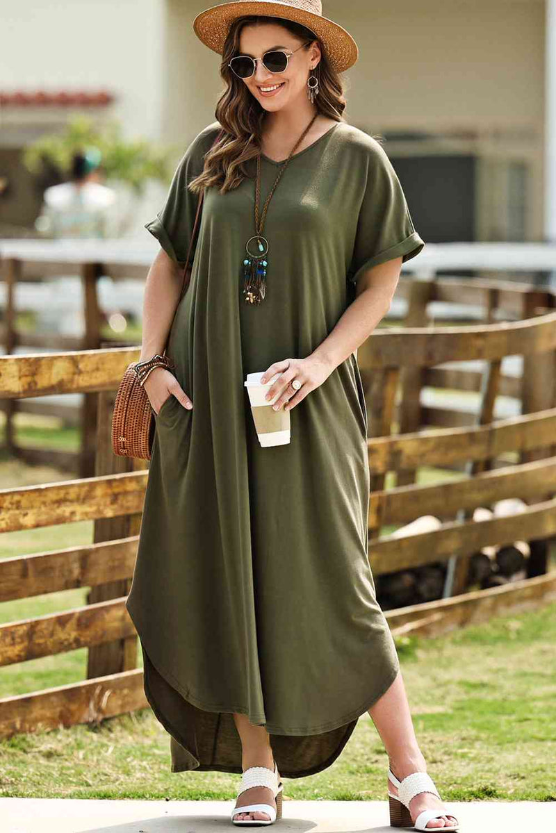 Plus Size V-Neck Short Sleeve Maxi Dress - Premium Dresses from Trendsi - Just $44! Shop now at Handbags Specialist Headquarter