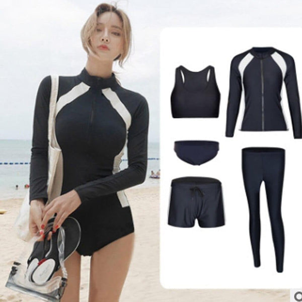 Long Sleeve Rash Guard Women Solid One Piece Swimsuit Zipper Swimwear 5 Sets Bathing Suits Black Surfing Suits Pad Long Pants - Premium Women swimsuit from eprolo - Just $36.99! Shop now at Handbags Specialist Headquarter