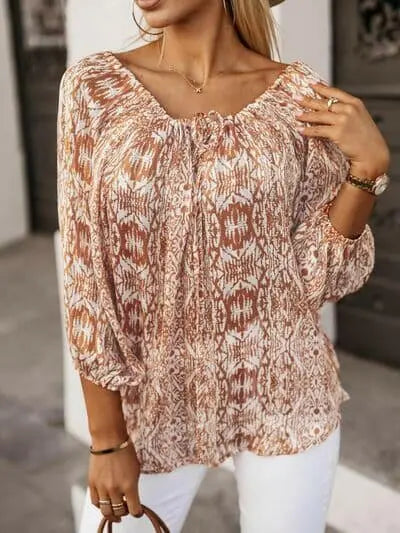 Printed Boat Neck Balloon Sleeve Blouse.