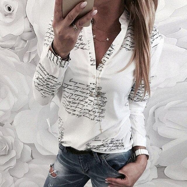 Women V Neck Letters Printing White Button Office Long Sleeve Shirt Top Fashion Blouse Womens Tops - Premium Women's T Shirt from eprolo - Just $20.22! Shop now at Handbags Specialist Headquarter