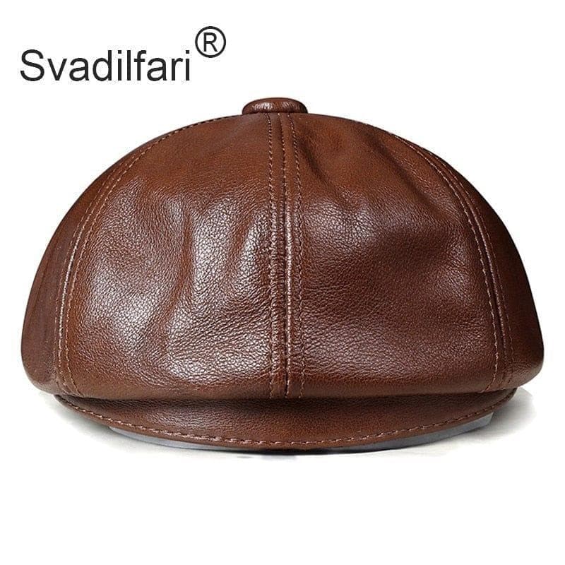 Retro Octagonal Genuine Leather Hat  Men's Cowhide Leather Beret Elegant Fashion Student Tongue Cap Snapback Caps For Men - Handbags Specialist Headquarter