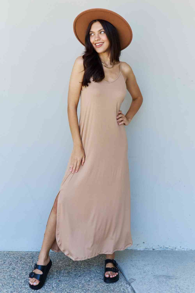 Ninexis Good Energy Full Size Cami Side Slit Maxi Dress in Camel - Premium Dresses from Trendsi - Just $26! Shop now at Handbags Specialist Headquarter