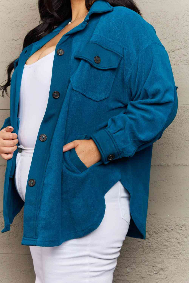 Zenana Cozy in the Cabin Full Size Fleece Elbow Patch Shacket in Teal - Premium Dresses from Trendsi - Just $45! Shop now at Handbags Specialist Headquarter