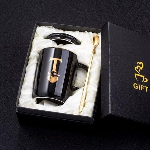 400ml Creative Gold Finger Printing Black Ceramic Coffee Mug Tea Cup With Gold Handle As Gift With Lid And Spoon - Premium Cups from eprolo - Just $28.99! Shop now at Handbags Specialist Headquarter