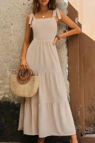 Tie Shoulder Smocked Tiered Dress.