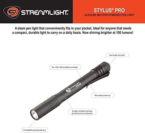 Streamlight 66118 Stylus Pro 100-Lumen Penlight with 2 AAA Alkaline Batteries, Black - Premium Flashlights from Brand: Streamlight - Just $36.99! Shop now at Handbags Specialist Headquarter