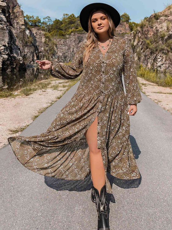 Plus Size V-Neck Balloon Sleeve Dress - Premium Dresses from Trendsi - Just $47! Shop now at Handbags Specialist Headquarter