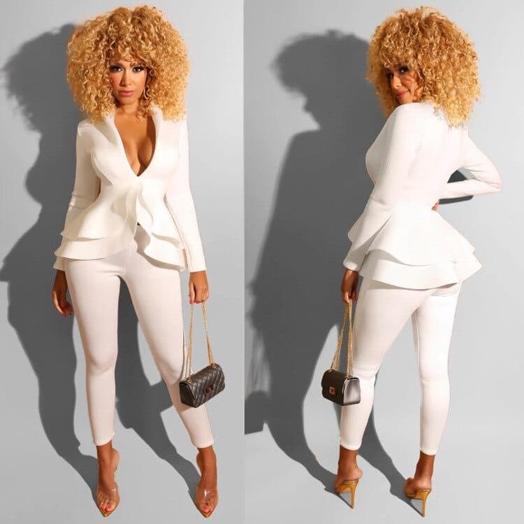 Deep V-neck Long Sleeve Jacket Pant Suits Casual Women Blazer Two Piece Set Ruffles Blazers Winter Office Lady Business Suit - Premium Women Suit from eprolo - Just $32.99! Shop now at Handbags Specialist Headquarter