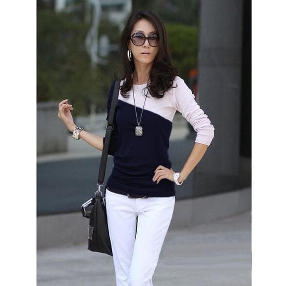 Autumn Spring Cotton Blend Women Round Neck Color Block Long Sleeve Long Sleeve T-Shirts - Premium Women's T Shirt from eprolo - Just $17.98! Shop now at Handbags Specialist Headquarter