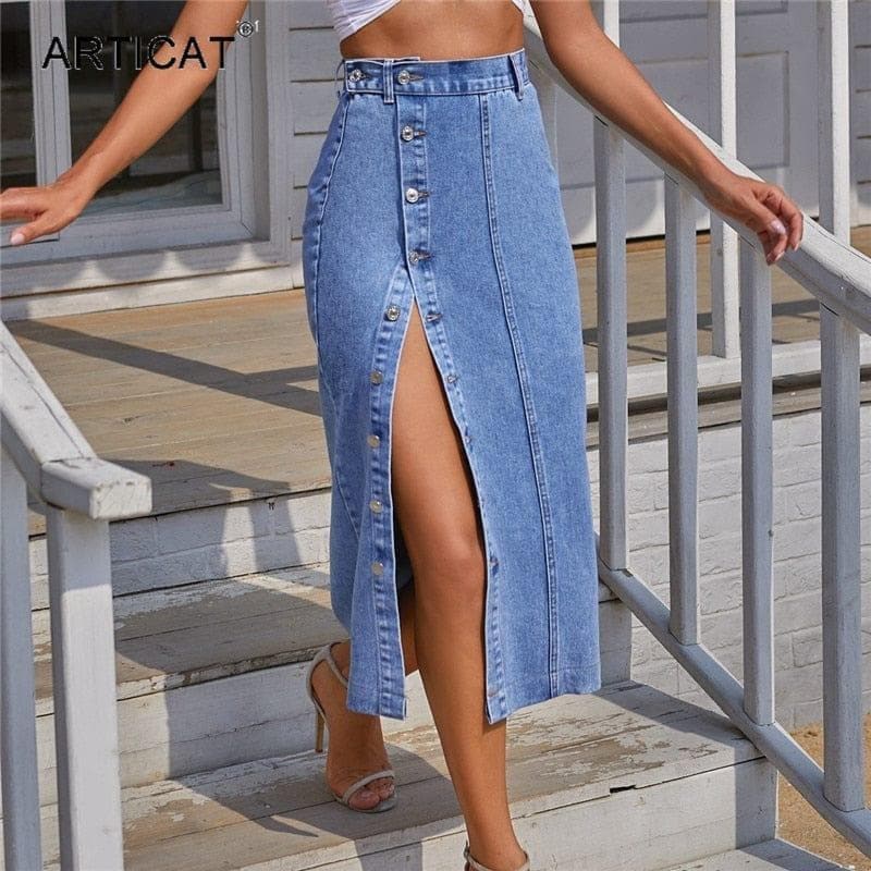 High Waist Split Midi Demin Skirt For Woman Summer Korean Style Jeans Skirts Ladies Blue Slim Button Streetwear Harajuku - Premium Women jeans from eprolo - Just $34.92! Shop now at Handbags Specialist Headquarter