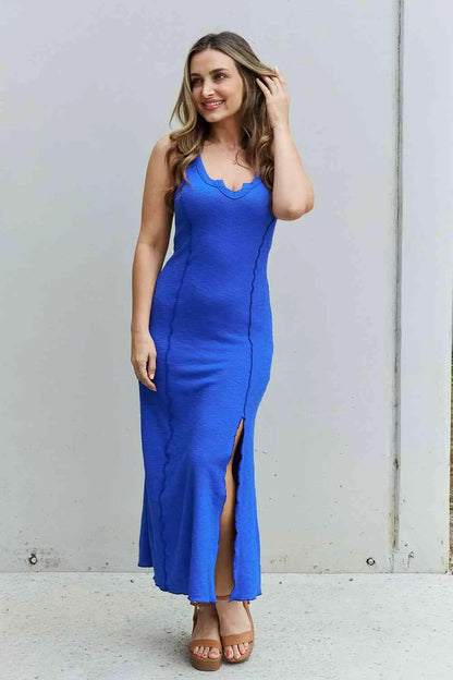 Culture Code Look At Me Full Size Notch Neck Maxi Dress with Slit in Cobalt Blue.
