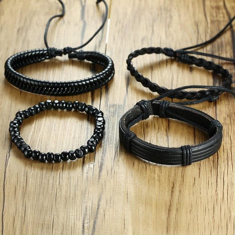 4pcs/ Set Black Bracelets for Men Bangle Adjustable Length Bohemia Holiday Male Jewelry Punk Pulseira - Premium Men Bracelets from eprolo - Just $16.99! Shop now at Handbags Specialist Headquarter