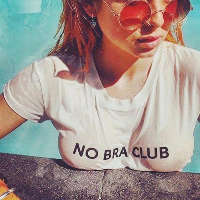 No Bra Club Letter Womens Loose Pullover Short T Shirt Short Sleeve White Tops Shirt Colloge Crop - Premium Women's T Shirt from eprolo - Just $17.99! Shop now at Handbags Specialist Headquarter