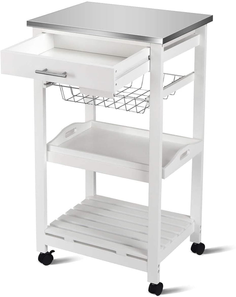 Giantex Kitchen Island Cart Rolling Kitchen Trolley with Stainless Steel Tabletop Utility Storage Cart Restaurant Hotel Serving Cart with Casters, Drawer, Basket and Shelf (White) - Premium 8521400011 from Amazon US - Just $205.95! Shop now at Handbags Specialist Headquarter