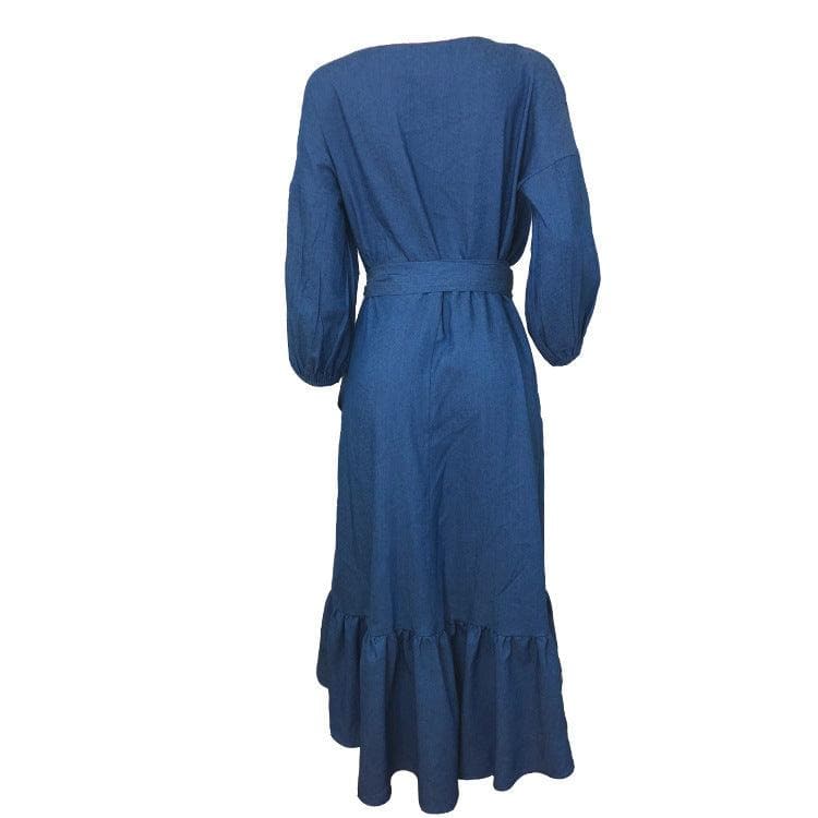 Popular Denim Dress Loose Swing Ruffle Belt Long Sleeve Wrap Dress - Premium Dress from eprolo - Just $30.16! Shop now at Handbags Specialist Headquarter