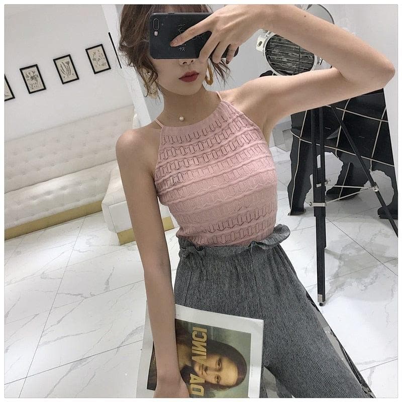 Women Slim Knitting Halter Neck Hollow Out Camisole Tops Female Crop Tanks Tops Sleeveless Solid T shirts Tees - Premium Women's T Shirt from eprolo - Just $15.98! Shop now at Handbags Specialist Headquarter