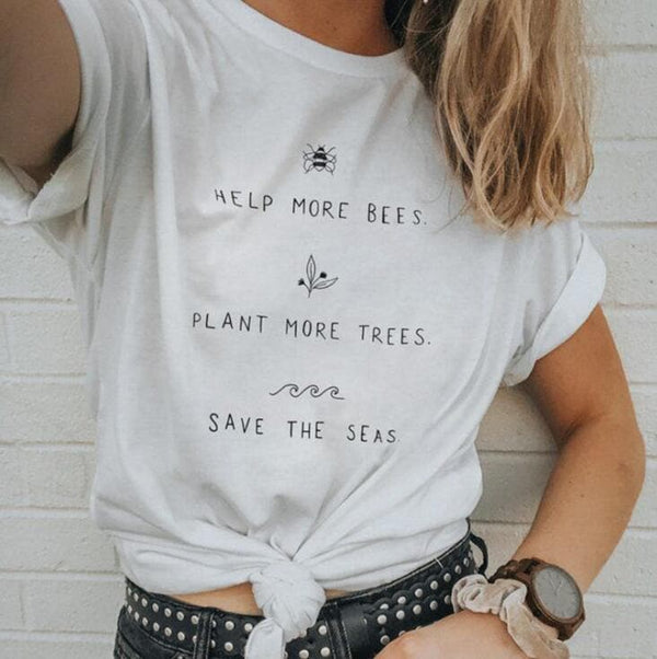 Help More Bees 90s Aesthetic Graphic T Shirts Harajuku Plus Size Women Plant More Trees White Top O neck 100% Cotton Tees Tshirt - Premium Women's T Shirt from eprolo - Just $19.12! Shop now at Handbags Specialist Headquarter
