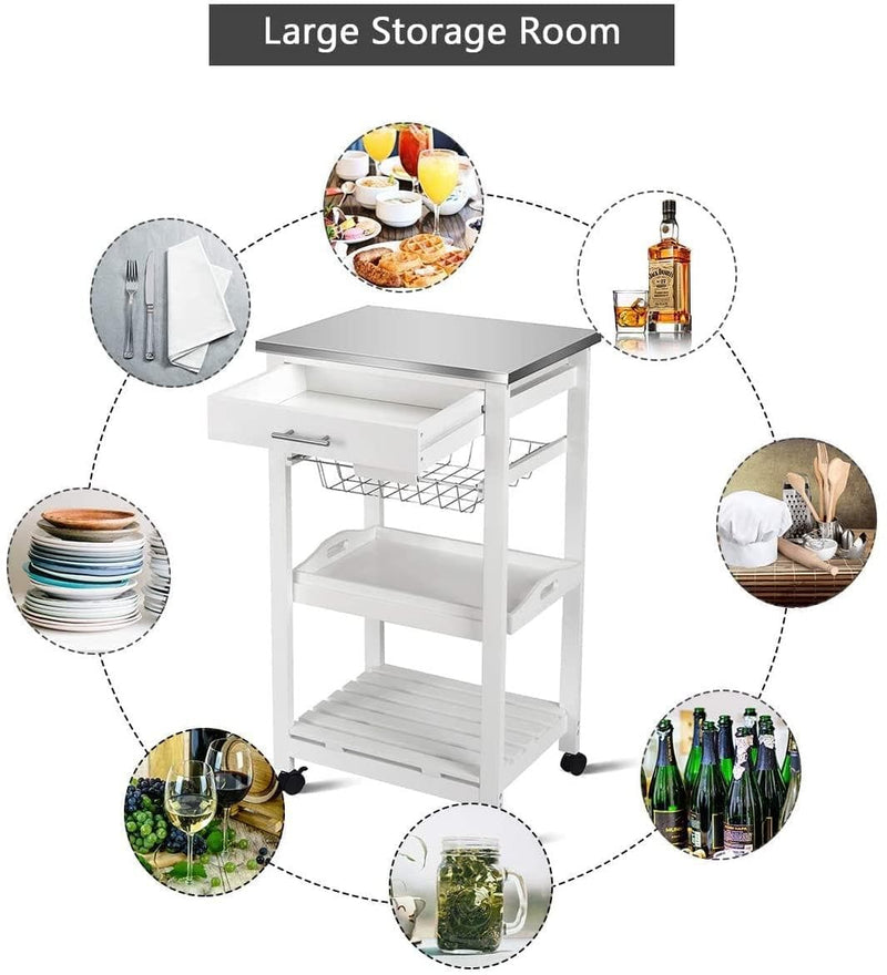 Giantex Kitchen Island Cart Rolling Kitchen Trolley with Stainless Steel Tabletop Utility Storage Cart Restaurant Hotel Serving Cart with Casters, Drawer, Basket and Shelf (White) - Premium 8521400011 from Amazon US - Just $205.95! Shop now at Handbags Specialist Headquarter