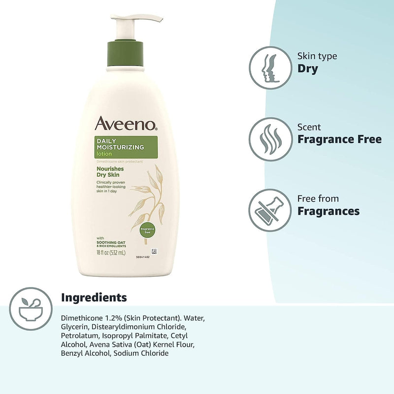 Aveeno Daily Moisturizer, Body Lotion, For Dry Skin, Prebiotic Oat Fragrance Free, 18 fl. oz, Pack of 1 - Premium Bathroom from Visit the Aveeno Store - Just $17.99! Shop now at Handbags Specialist Headquarter